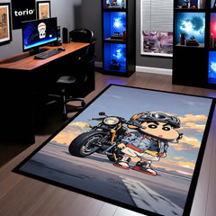 Shinchan Biker Chibi Area Flat Rug | Cute Shinchan Motorcycle Area Flat Rug | Premium Cartoon Gaming Room Decor Rug