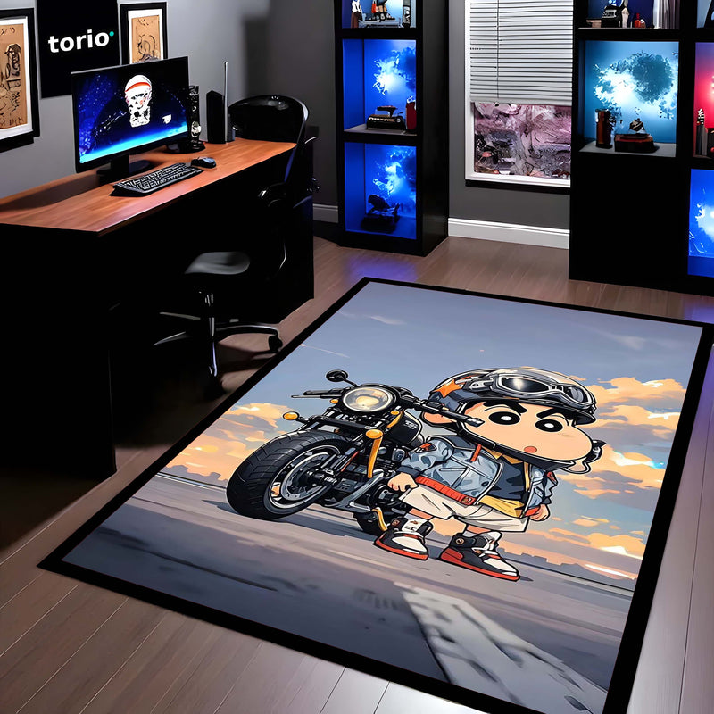 Shinchan Biker Chibi Area Flat Rug | Cute Shinchan Motorcycle Area Flat Rug | Premium Cartoon Gaming Room Decor Rug