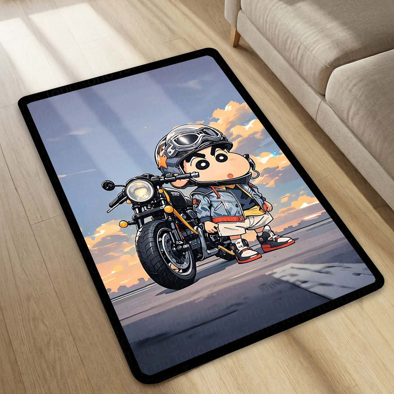 Shinchan Biker Chibi Area Flat Rug | Cute Shinchan Motorcycle Area Flat Rug | Premium Cartoon Gaming Room Decor Rug