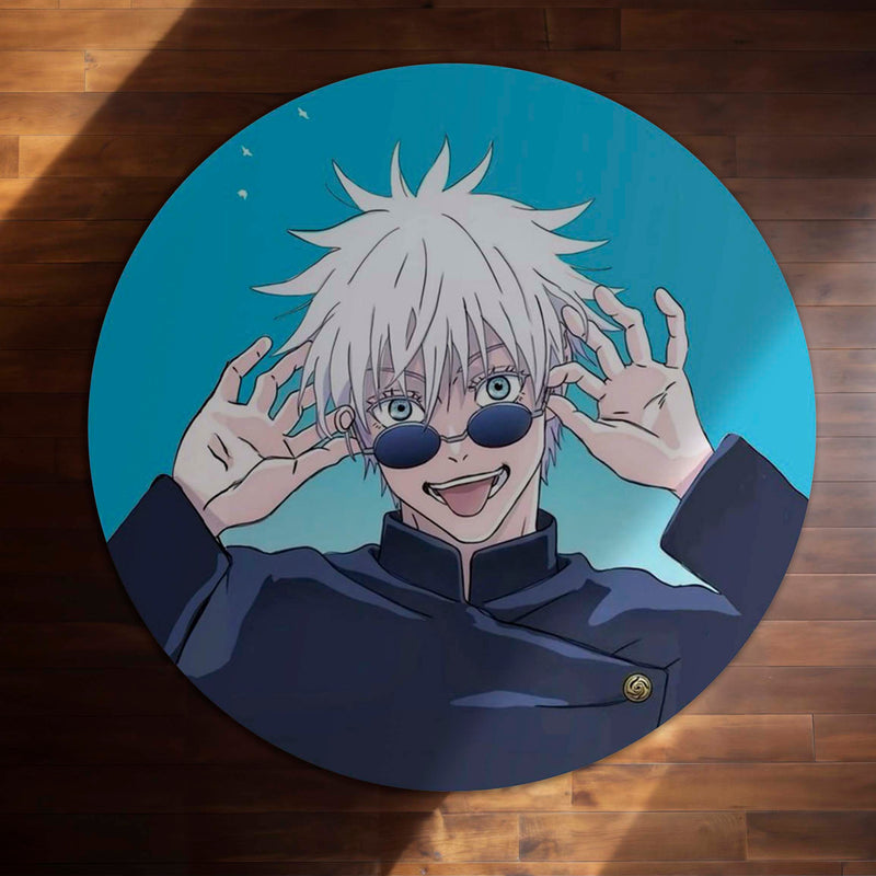 Satoru Gojo Anime Circular Floor Mat (3 mm Thick) | Jujutsu Kaisen Gojo Sensei Round Rug with Cool Sunglasses Design for Gaming Room, Bedroom & Otaku Decor | TORIO