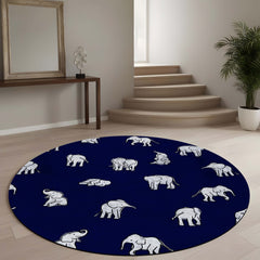 Elephant Pattern Round Area Rug | Navy Blue Wildlife Animal Print Floor Mat | Minimal Safari Inspired Circular Carpet for Living Room, Bedroom & Kids Room Decor