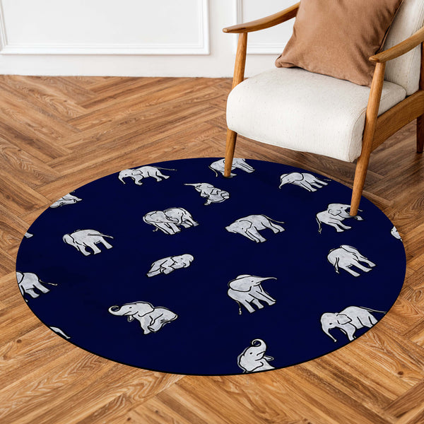 Elephant Pattern Round Area Rug | Navy Blue Wildlife Animal Print Floor Mat | Minimal Safari Inspired Circular Carpet for Living Room, Bedroom & Kids Room Decor