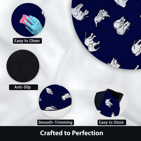 Elephant Pattern Round Area Rug | Navy Blue Wildlife Animal Print Floor Mat | Minimal Safari Inspired Circular Carpet for Living Room, Bedroom & Kids Room Decor