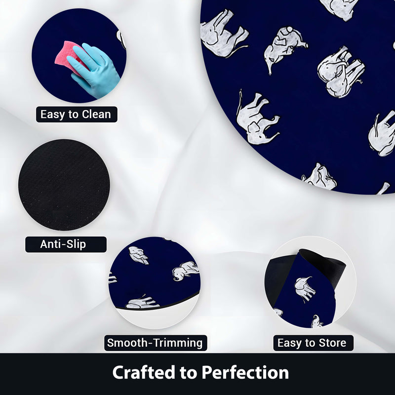 Elephant Pattern Round Area Rug | Navy Blue Wildlife Animal Print Floor Mat | Minimal Safari Inspired Circular Carpet for Living Room, Bedroom & Kids Room Decor