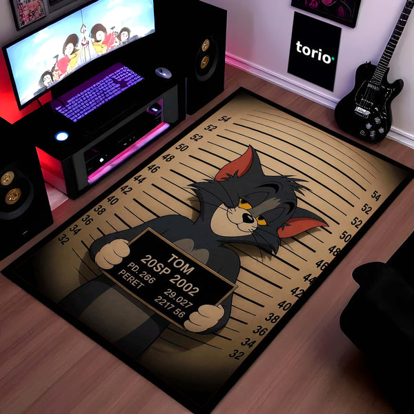Tom Mugshot Area Flat Rug | Funny Tom & Jerry Cartoon Area Flat Rug | Premium Cartoon Gaming Room Decor Rug