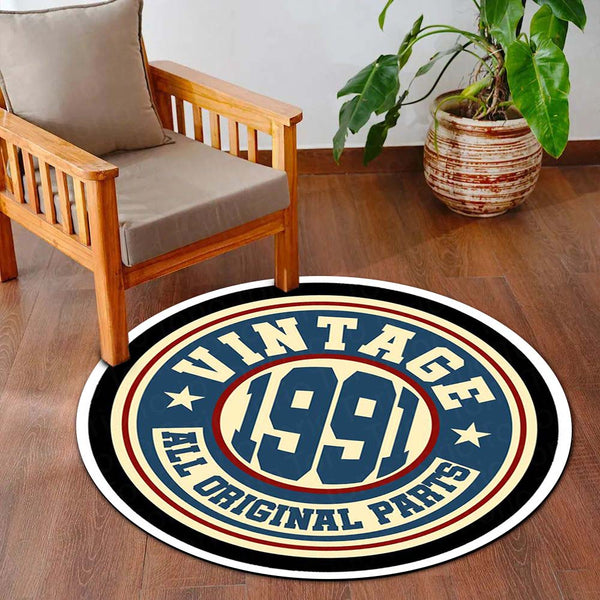 Vintage 1991 Original Parts Round Rug | Retro Garage Floor Mat | Classic Americana Circle Rug for Bedroom, Living Room, Man Cave & Vintage Decor