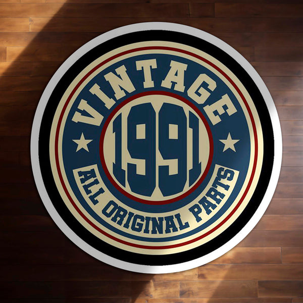 Vintage 1991 Original Parts Round Rug | Retro Garage Floor Mat | Classic Americana Circle Rug for Bedroom, Living Room, Man Cave & Vintage Decor