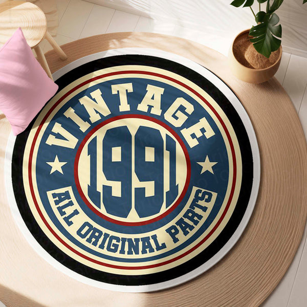Vintage 1991 Original Parts Round Rug | Retro Garage Floor Mat | Classic Americana Circle Rug for Bedroom, Living Room, Man Cave & Vintage Decor