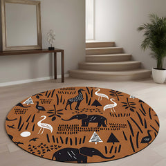 Safari Animal Pattern Round Area Rug | Brown Wildlife Print Circular Floor Mat | Elephant Giraffe Bird Nature Theme Carpet for Living Room, Bedroom & Kids Room Decor