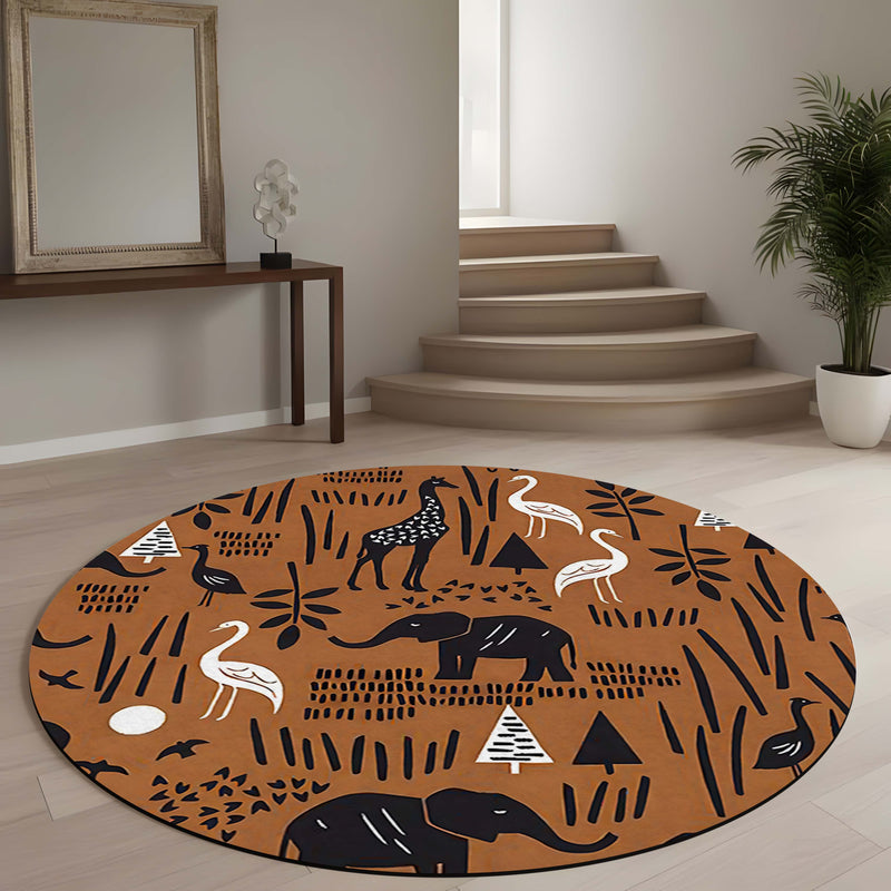 Safari Animal Pattern Round Area Rug | Brown Wildlife Print Circular Floor Mat | Elephant Giraffe Bird Nature Theme Carpet for Living Room, Bedroom & Kids Room Decor