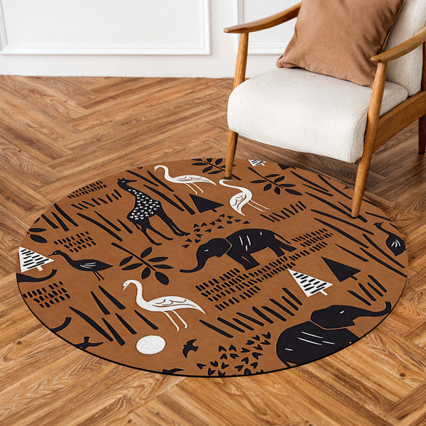 Safari Animal Pattern Round Area Rug | Brown Wildlife Print Circular Floor Mat | Elephant Giraffe Bird Nature Theme Carpet for Living Room, Bedroom & Kids Room Decor