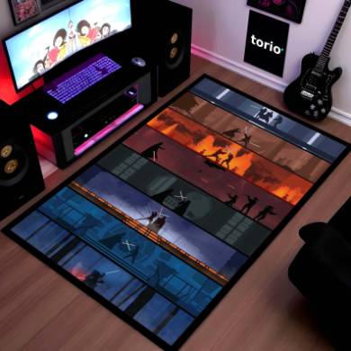 Anime Ninja Silhouette Floor Mat | Cinematic Samurai Battle Scene Rug | Anti-Slip 3mm Absorbent Floor Mat for Gaming Room, Bedroom & Otaku Setup