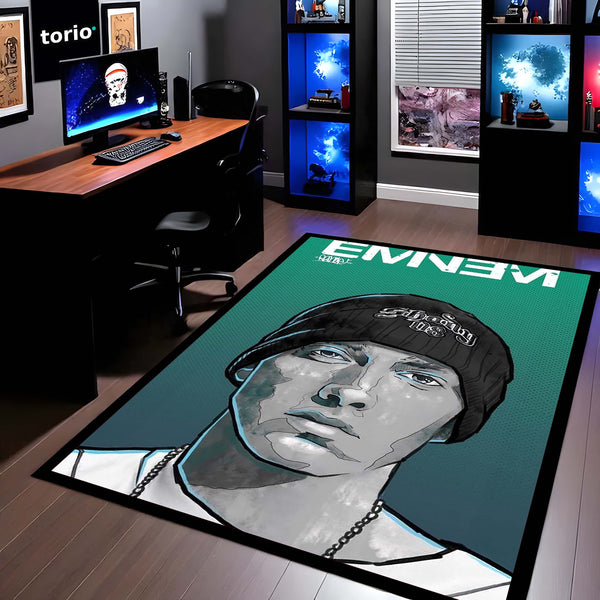 Eminem Portrait Area Flat Rug | Slim Shady Rap Music Artist Rug | Hip-Hop Room Decor | Premium Gaming & Bedroom Rug