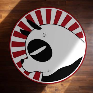 Cute Panda Circular Floor Mat (3 mm Thick) | Minimal Panda Round Rug with Red Sunburst Design for Bedroom, Kids Room & Modern Home Decor | TORIO