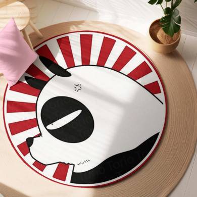 Cute Panda Circular Floor Mat (3 mm Thick) | Minimal Panda Round Rug with Red Sunburst Design for Bedroom, Kids Room & Modern Home Decor | TORIO