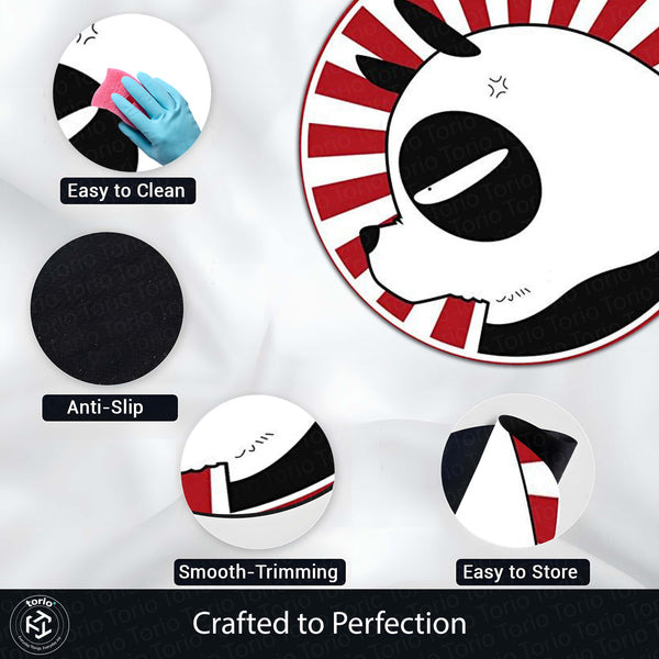 Cute Panda Circular Floor Mat (3 mm Thick) | Minimal Panda Round Rug with Red Sunburst Design for Bedroom, Kids Room & Modern Home Decor | TORIO