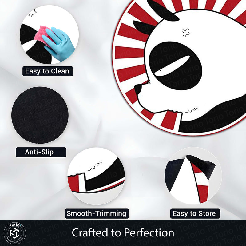 Cute Panda Circular Floor Mat (3 mm Thick) | Minimal Panda Round Rug with Red Sunburst Design for Bedroom, Kids Room & Modern Home Decor | TORIO