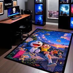 Doraemon & Friends Adventure Area Flat Rug | Doraemon Anime Rug | Nobita Cartoon Room Decor | Premium Gaming & Bedroom Rug