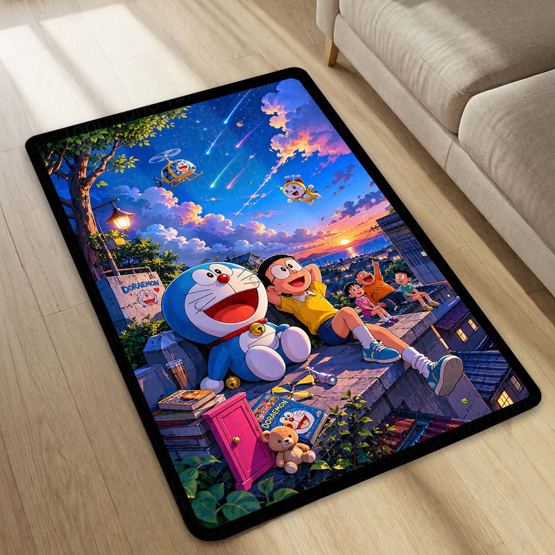 Doraemon & Friends Adventure Area Flat Rug | Doraemon Anime Rug | Nobita Cartoon Room Decor | Premium Gaming & Bedroom Rug