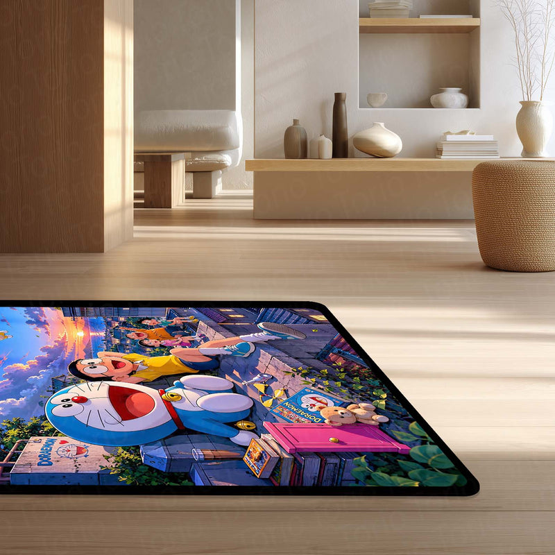 Doraemon & Friends Adventure Area Flat Rug | Doraemon Anime Rug | Nobita Cartoon Room Decor | Premium Gaming & Bedroom Rug