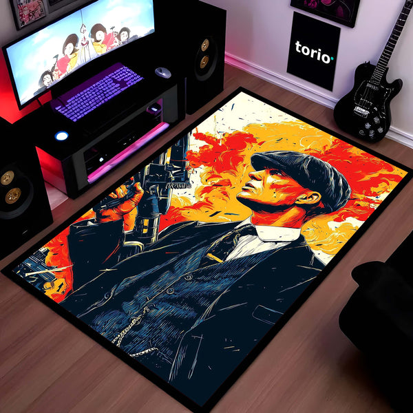 Peaky Blinders Tommy Shelby Fire Art Area Flat Rug | Vintage British Gangster Area Flat Rug | Premium Cinematic Gaming & Living Room Decor Rug