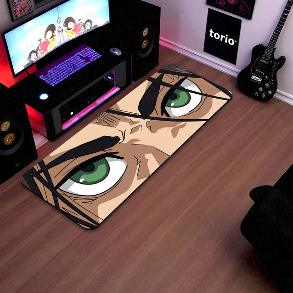 Anime Warrior Green Eyes Floor Mat | Intense Anime Eye Art Rug | Anti-Slip 3mm Absorbent Floor Mat for Bedroom, Gaming Room, Bathroom & Otaku Decor