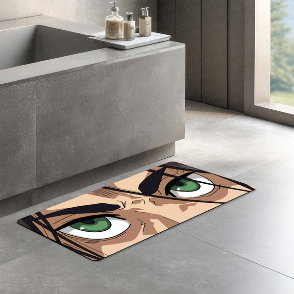 Anime Warrior Green Eyes Floor Mat | Intense Anime Eye Art Rug | Anti-Slip 3mm Absorbent Floor Mat for Bedroom, Gaming Room, Bathroom & Otaku Decor