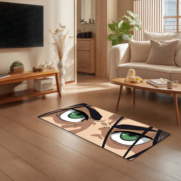 Anime Warrior Green Eyes Floor Mat | Intense Anime Eye Art Rug | Anti-Slip 3mm Absorbent Floor Mat for Bedroom, Gaming Room, Bathroom & Otaku Decor