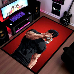 Anime Muscle Coffee Aesthetic Area Flat Rug | Gym Anime Character Rug | Fitness Room Decor | Premium Gaming & Bedroom Rug