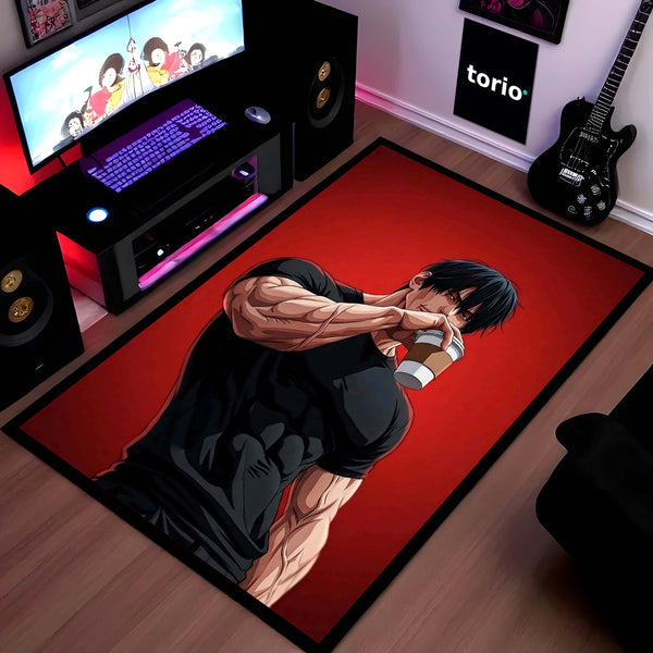 Anime Muscle Coffee Aesthetic Area Flat Rug | Gym Anime Character Rug | Fitness Room Decor | Premium Gaming & Bedroom Rug