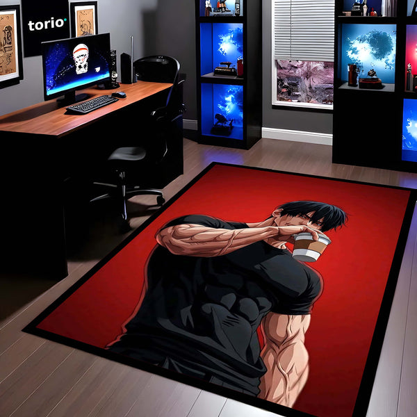 Anime Muscle Coffee Aesthetic Area Flat Rug | Gym Anime Character Rug | Fitness Room Decor | Premium Gaming & Bedroom Rug