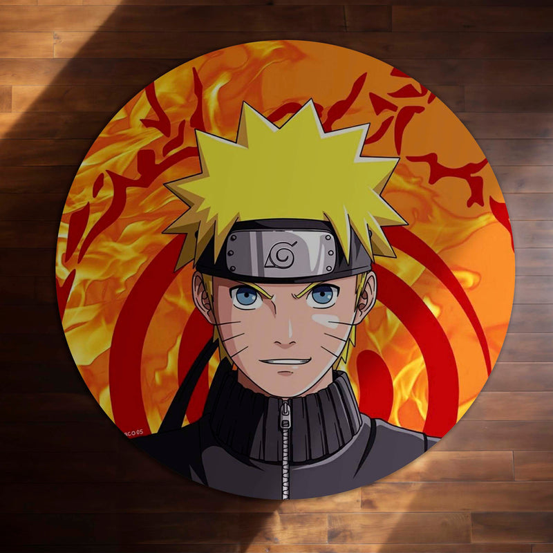Naruto Uzumaki Circular Floor Mat (3 mm Thick) | Naruto Anime Round Rug with Konoha Symbol & Fire Background for Bedroom, Gaming Room & Otaku Decor | TORIO