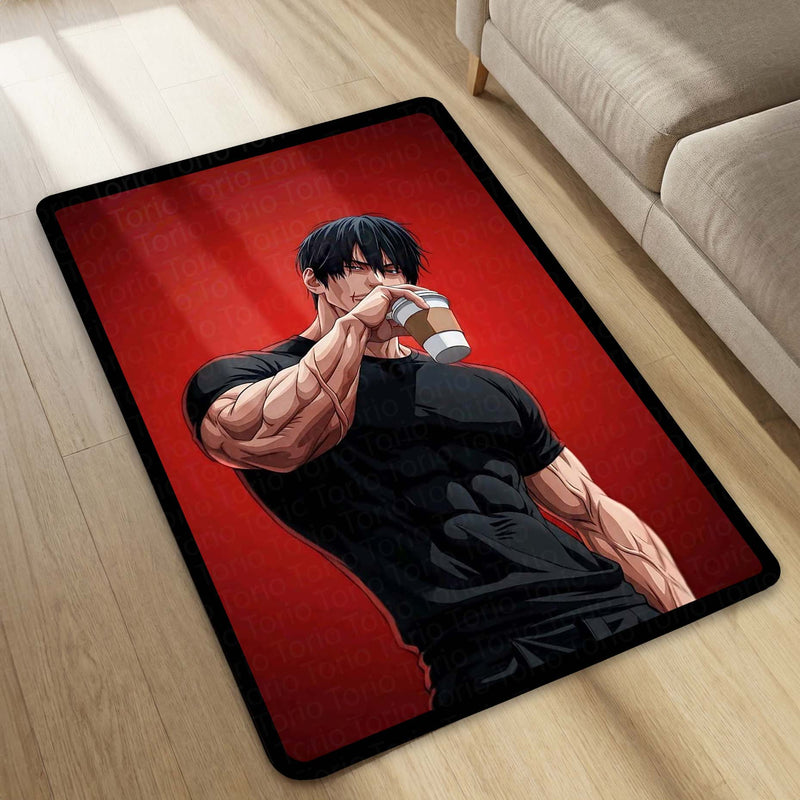 Anime Muscle Coffee Aesthetic Area Flat Rug | Gym Anime Character Rug | Fitness Room Decor | Premium Gaming & Bedroom Rug