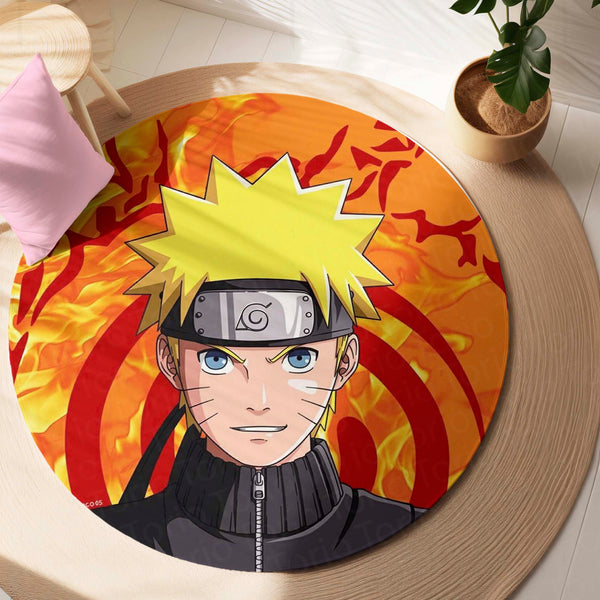 Naruto Uzumaki Circular Floor Mat (3 mm Thick) | Naruto Anime Round Rug with Konoha Symbol & Fire Background for Bedroom, Gaming Room & Otaku Decor | TORIO