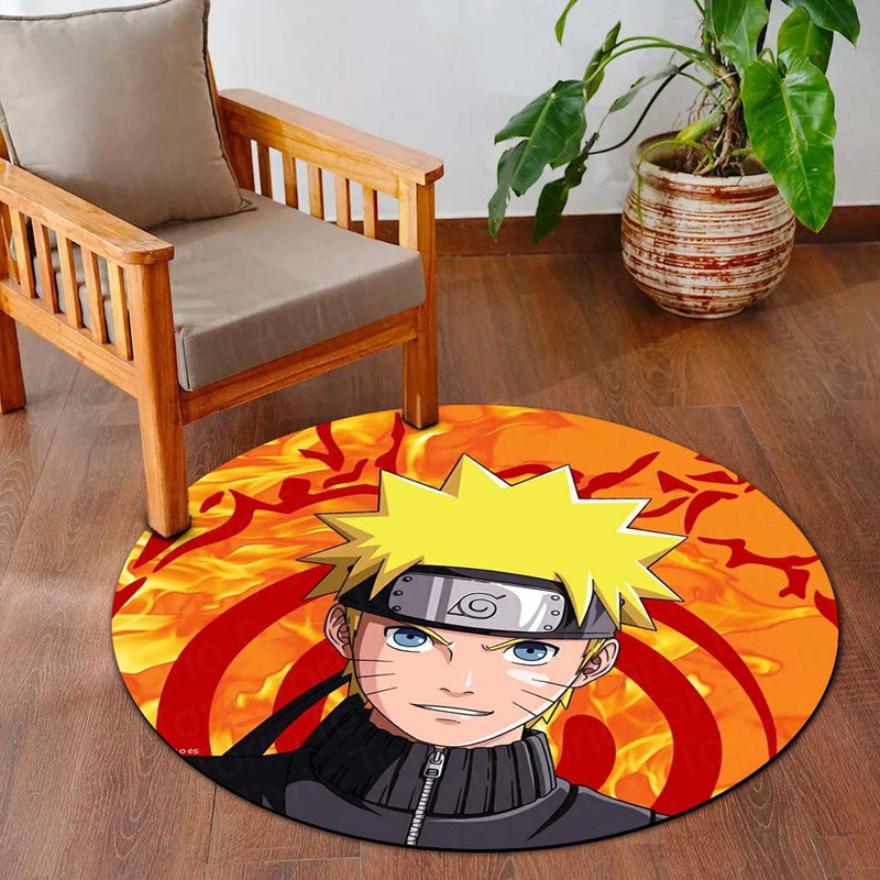 Naruto Uzumaki Circular Floor Mat (3 mm Thick) | Naruto Anime Round Rug with Konoha Symbol & Fire Background for Bedroom, Gaming Room & Otaku Decor | TORIO