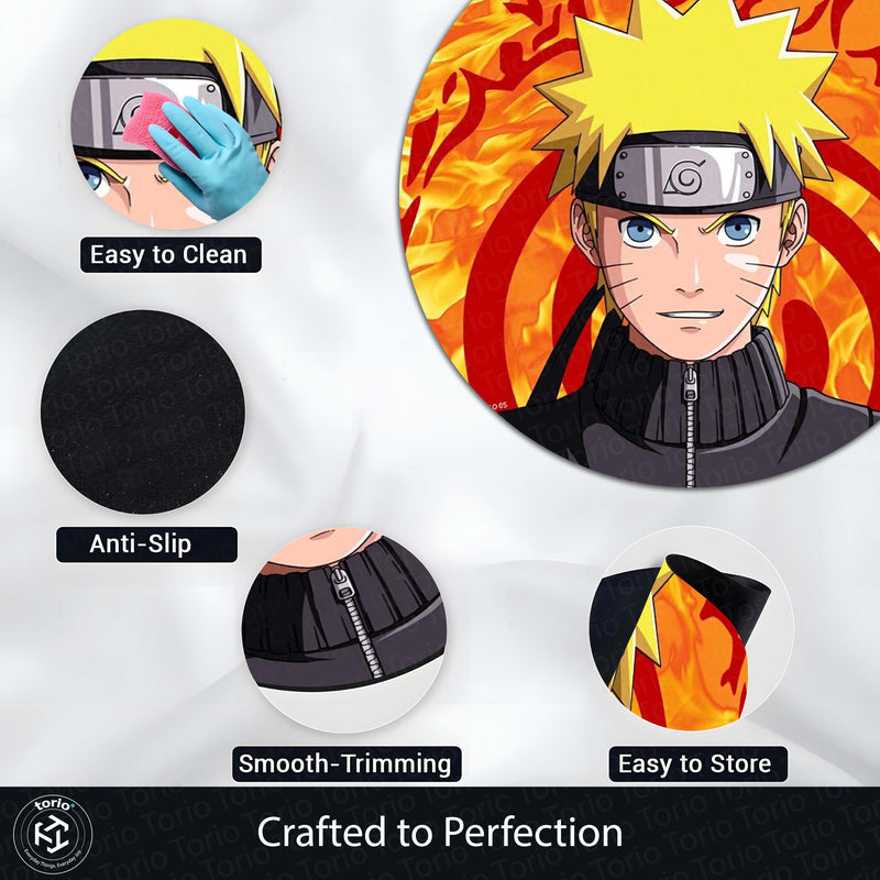 Naruto Uzumaki Circular Floor Mat (3 mm Thick) | Naruto Anime Round Rug with Konoha Symbol & Fire Background for Bedroom, Gaming Room & Otaku Decor | TORIO