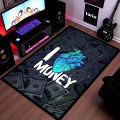 I Love Money Area Flat Rug | Money Heart Aesthetic Rug | Dollar Bills Motivational Room Decor | Premium Gaming & Bedroom Rug