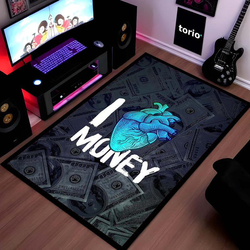 I Love Money Area Flat Rug | Money Heart Aesthetic Rug | Dollar Bills Motivational Room Decor | Premium Gaming & Bedroom Rug