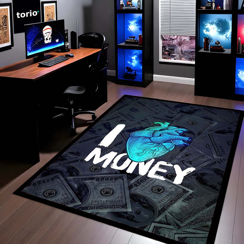 I Love Money Area Flat Rug | Money Heart Aesthetic Rug | Dollar Bills Motivational Room Decor | Premium Gaming & Bedroom Rug