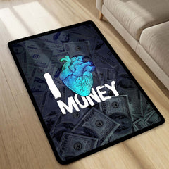 I Love Money Area Flat Rug | Money Heart Aesthetic Rug | Dollar Bills Motivational Room Decor | Premium Gaming & Bedroom Rug