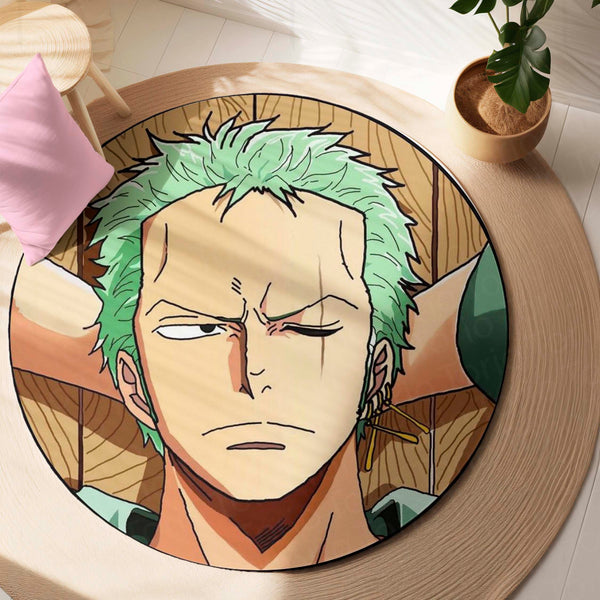 Roronoa Zoro Anime Circular Floor Mat (3 mm Thick) | One Piece Zoro Face Round Rug with Samurai Minimal Aesthetic for Bedroom, Gaming Room & Otaku Decor | TORIO