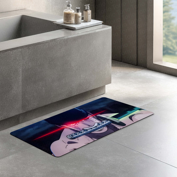 One Piece Roronoa Zoro Anime Floor Mat | Zoro Sword Eye Art Rug | Anti-Slip 3mm Absorbent Floor Mat for Bedroom, Gaming Room, Bathroom & Otaku Decor