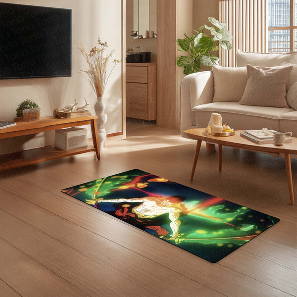 Anime Dual Sword Warrior Floor Mat | Intense Katana Fighter Anime Art Rug | Anti-Slip 3mm Absorbent Floor Mat for Bedroom, Gaming Room, Studio & Otaku Decor