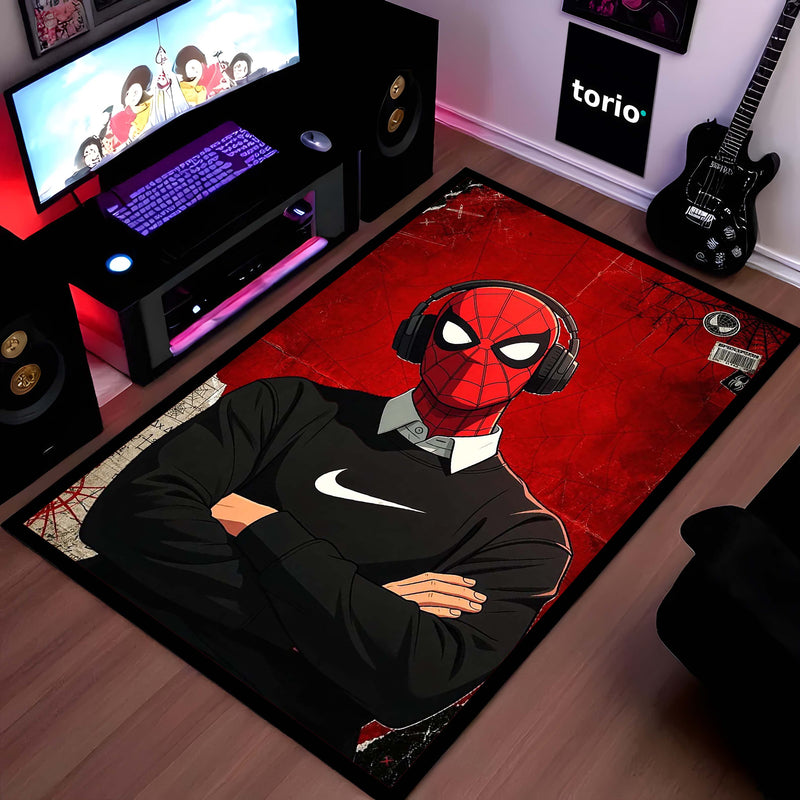 Spider Hero Streetwear Flat Rug | Headphones Superhero Aesthetic Rug | Red & Black Gaming Room Decor | Premium Anti-Slip Area Flat Rug