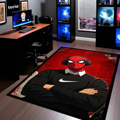 Spider Hero Streetwear Flat Rug | Headphones Superhero Aesthetic Rug | Red & Black Gaming Room Decor | Premium Anti-Slip Area Flat Rug