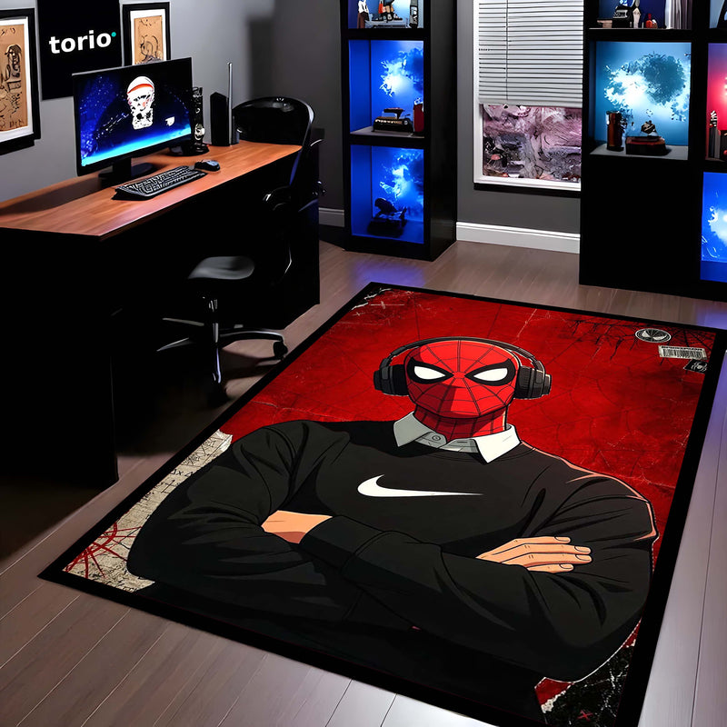 Spider Hero Streetwear Flat Rug | Headphones Superhero Aesthetic Rug | Red & Black Gaming Room Decor | Premium Anti-Slip Area Flat Rug