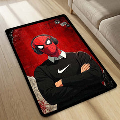 Spider Hero Streetwear Flat Rug | Headphones Superhero Aesthetic Rug | Red & Black Gaming Room Decor | Premium Anti-Slip Area Flat Rug
