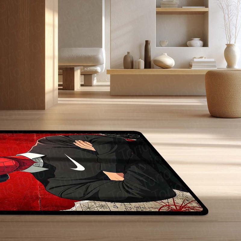 Spider Hero Streetwear Flat Rug | Headphones Superhero Aesthetic Rug | Red & Black Gaming Room Decor | Premium Anti-Slip Area Flat Rug