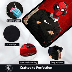 Spider Hero Streetwear Flat Rug | Headphones Superhero Aesthetic Rug | Red & Black Gaming Room Decor | Premium Anti-Slip Area Flat Rug