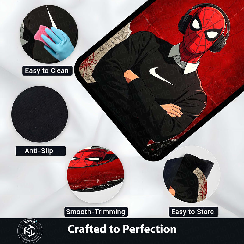Spider Hero Streetwear Flat Rug | Headphones Superhero Aesthetic Rug | Red & Black Gaming Room Decor | Premium Anti-Slip Area Flat Rug